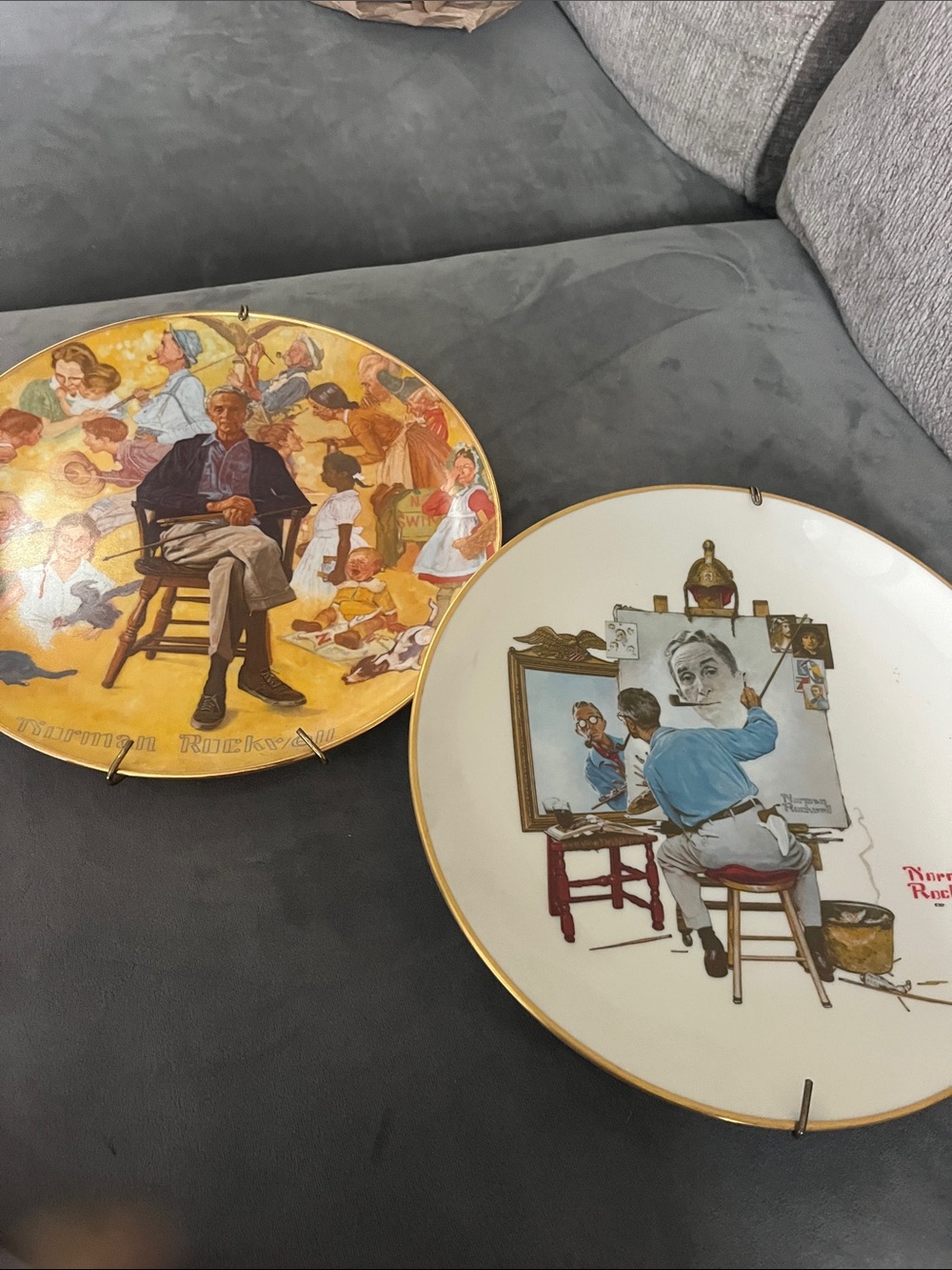 Norman Rockwell Plate Pair in Yellow, White, Blue, Brown